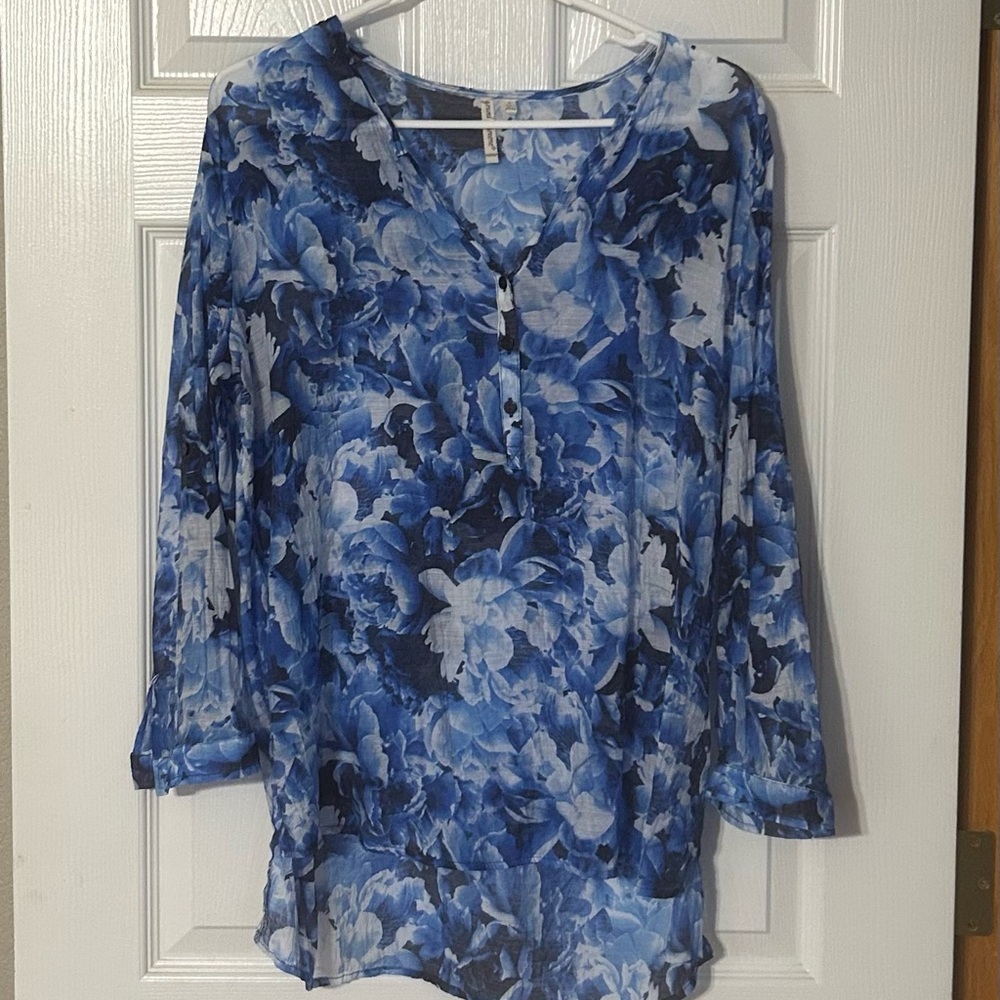 Grand &‎ Greene Blue Mandarin Collar 3/4 Sleeve Blouse